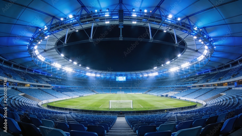 Fototapeta premium Lighting empty green pitch with mowing stripes at stadium, showing goalposts, LED boards, roof ring