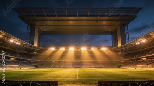Illuminating empty modern football pitch showing crisp white markings at dusk, with floodlights