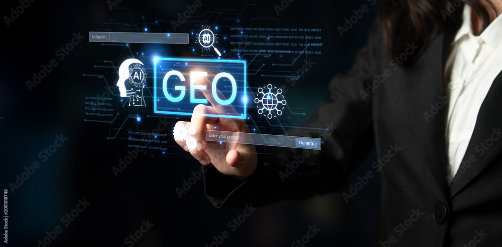 Naklejka premium Digital marketing concept featuring GEO strategy. Generative AI search visual shows GEO interface integrating intelligence, logic, and AI input system for prompt tasks. Corpus