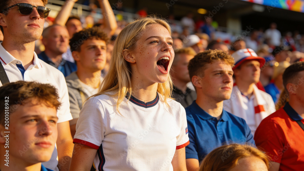 Fototapeta premium Cheering blonde freckled teen standing in stadium stands, wearing red-trimmed T-shirt, scarf, hat