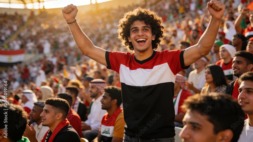 Fototapeta premium Cheering smiling male fan raising both arms in stadium stands, with team jersey and flags