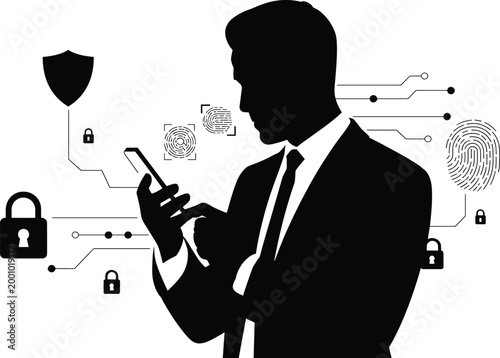 Silhouette of businessman with smartphone, surrounded by security symbols and circuit lines businessman, silhouette, smartphone, security, shield, locks, fingerprint, circuit lines, padlock, mobile ph