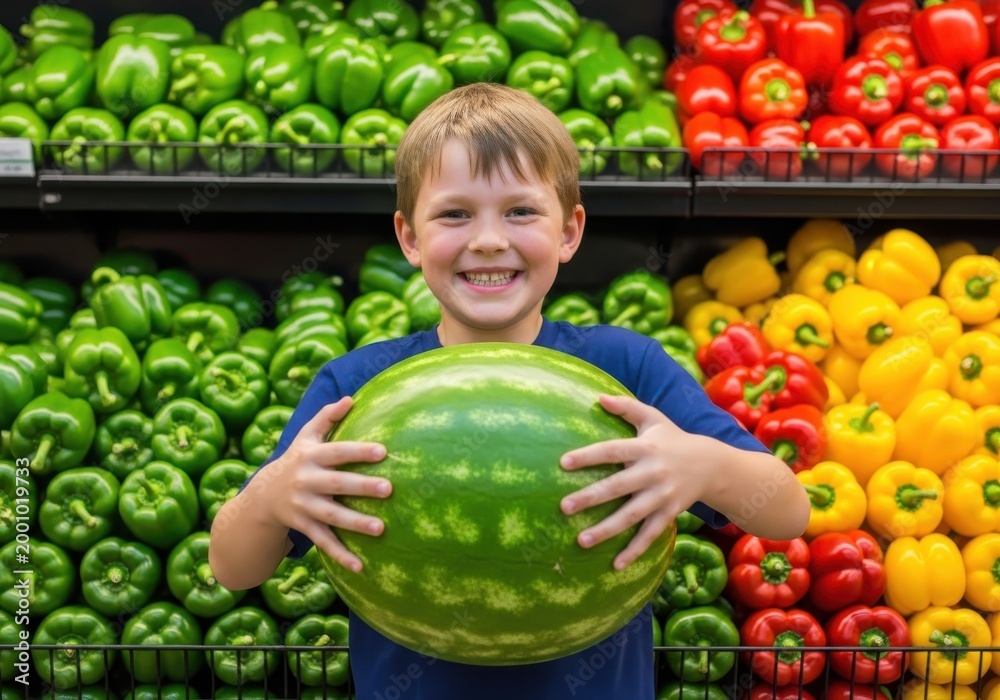 Fototapeta premium Smiling child holding a large watermelon in a produce section
