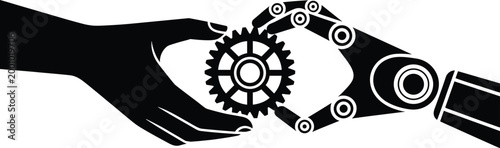 human hand, robotic hand, gear, mechanical, black and white, technology, robotics, machinery, industry, innovation, collaboration, man and mach Human hand passing gear to robotic hand, black and white