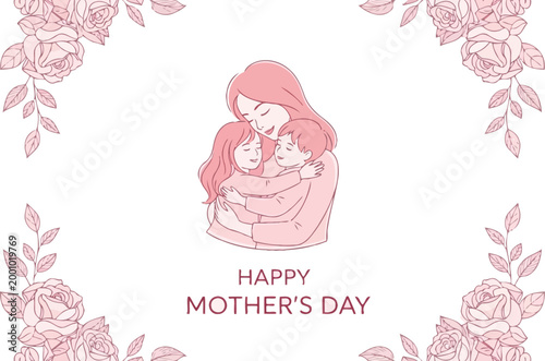 Mother hugging children with pink roses frame