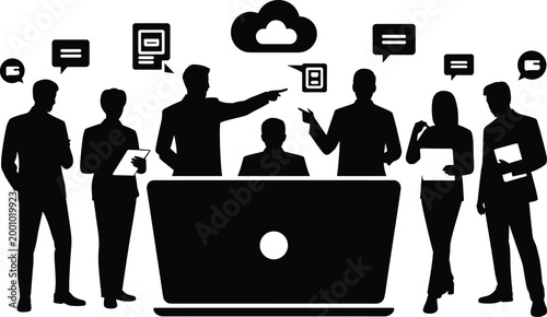 black silhouettes, businesspeople, laptop, discussion, cloud, speech bubbles, communication, teamwork, meet Black silhouettes of businesspeople around laptop, discussing, with cloud and speech bubbles