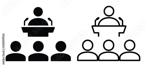 Conference icon, public speaking seminar symbol, speaker podium and audience concept, leadership communication teamwork and education theme, clean modern flat vector