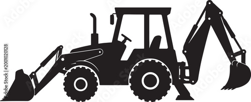 Black silhouette of a backhoe loader with front loader and rear excavator arms also transparent background