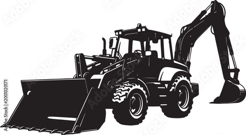 Black silhouette of a backhoe loader with front loader and excavator arm extended, on a white background, also transparent background