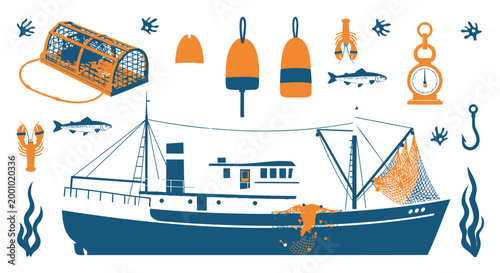 Fishing boat, nautical icons, fishing gear, marine symbols, vector graphics