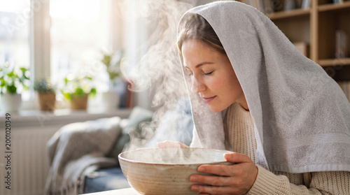 Woman inhaling steam from bowl at home. Natural remedy for allergy and asthma relief. Respiratory congestion treatment and wellness concept in cozy indoor setting