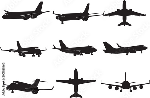 Collection of nine black airplane silhouettes in various poses and perspectives on a white background, also transparent background
