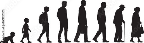 Silhouettes of people representing different stages of life, from crawling baby to elderly couple also transparent background