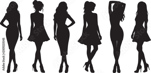 Six black silhouettes of women in dresses and heels posed against white background, also transparent background