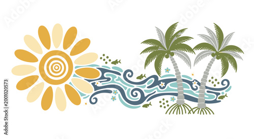 Tropical wave, sun and palm trees, summer vacation, beach vector icon