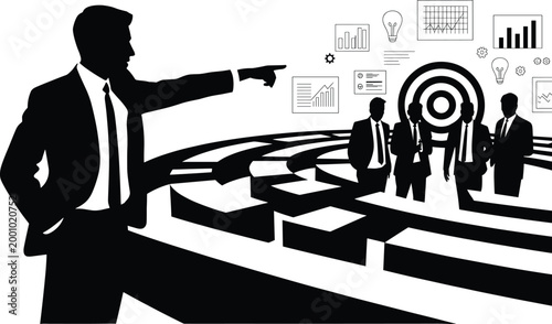 businessman, colleagues, maze, target, business charts, graphs, light bulbs, strategy, planning, tea Businessman guiding colleagues through a maze to a target, surrounded by business charts and graphs