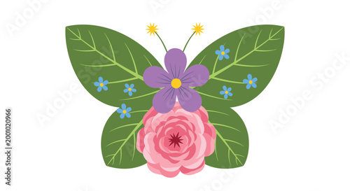 Floral Butterfly Icon, Green Leaves, Purple Flower, Pink Rose, Vector Graphic