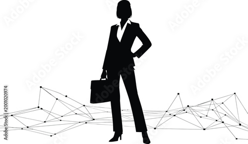 businesswoman, silhouette, briefcase, confident, network, connections, lines, dots, white background, black Businesswoman silhouette, standing confidently with briefcase, against a network connections