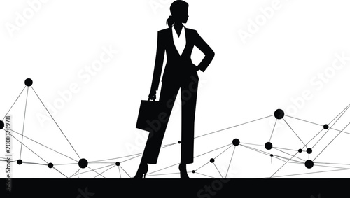 businesswoman, silhouette, briefcase, confident, network, connections, lines, dots, black, white, suit, heels, standing, confidently, against, connection