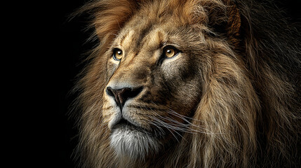A detailed photo shows a realistic front view portrait of a lion against a black background.