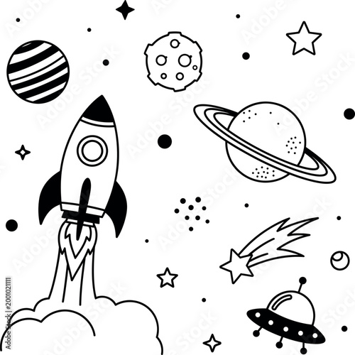 Doodle-style space elements with a rocket ship and planets, a hand-drawn outer space asteroid on a transparent background