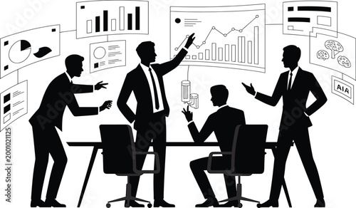 businessmen, suits, discussion, graphs, charts, office, meeting, conference, table, presentation, black, white, silhouettes, teamwork, Businessmen in suits discussing graphs and charts, office meeting