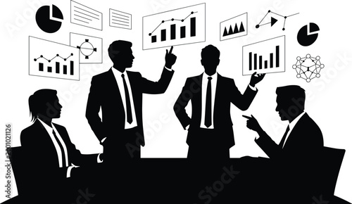 businessmen, suits, discussion, graphs, charts, silhouettes, meeting, presentation, statistics, data, analysis, teamwork, collaboration, o Businessmen in suits discussing graphs and charts, silhouette
