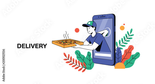 Efficient food delivery service is represented by a courier coming out of a mobile phone with a hot pizza box.