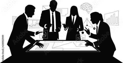 business, team, meeting, silhouettes, table, papers, graphs, charts, brainstorming, office, planning, strategy, collaboration, co Business team meeting, silhouettes around table with papers and graphs