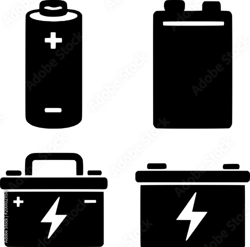 Collection of four black battery icons on white background, including cylindrical and rectangular shapes with plus and minus signs, and lightning bolts, symbolizing energy storage and power supply.