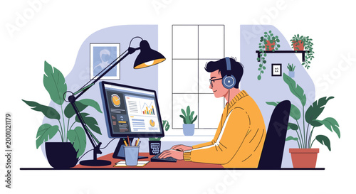 Young man works diligently on his computer at a wooden desk in a bright room filled with many green houseplants.