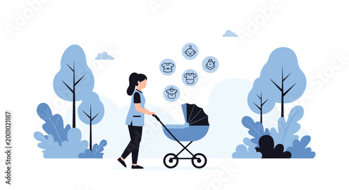 Professional nanny pushes a blue baby stroller through a park while surrounded by icons of infant clothing.