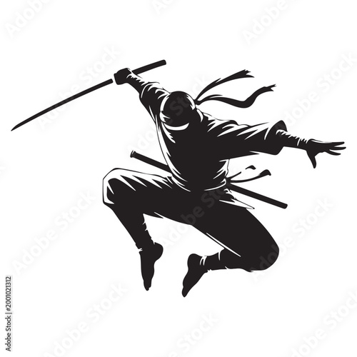 ninja silhouette wielding katana sword in dynamic pose high quality professional detailed modern elegant stylish clean crisp vibrant colorful digital creative