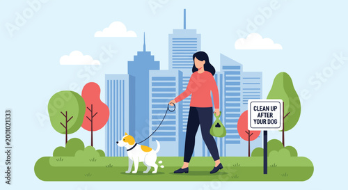 Responsible woman walking her small dog in a city park on a leash and cleaning up waste near a sign for pet owners.