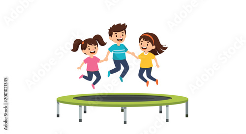 Three happy young children jumping and playing on a green trampoline against a white background for active recreation and fun.