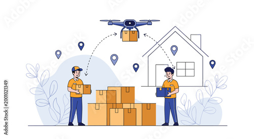 Modern delivery logistics concept showing workers managing boxes with a drone flying overhead to deliver a package to a house.