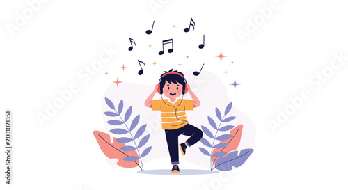 Young boy wearing headphones listening to music and dancing surrounded by musical notes and stylized leaves on a soft background.