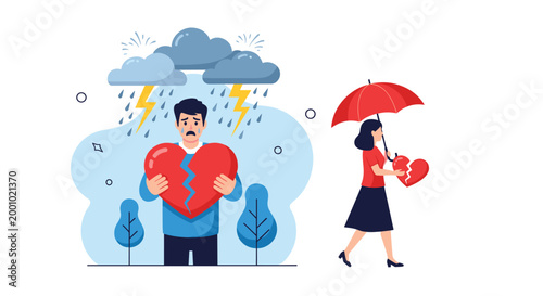 Sad man holding a broken heart under rain and lightning while a woman walks away with another broken heart under an umbrella.
