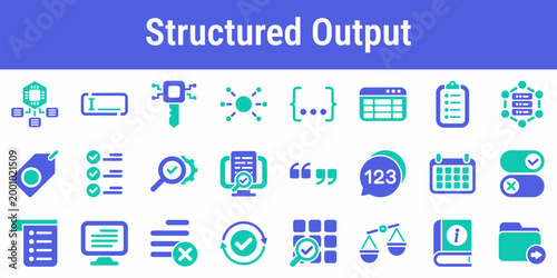 Commercial icon set for schemas fields validation parsing and export formatting Suitable for AI form builders structured responses data products automation tools and developer dashboards