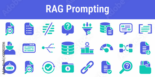Commercial icon set for retrieval augmented prompts search ranking context windows and grounded responses Suitable for knowledge tools support systems AI search and enterprise assistants