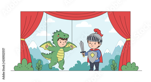 Two boys performing a play on a puppet theater stage with red curtains, one dressed as a green dragon and the other as a knight.