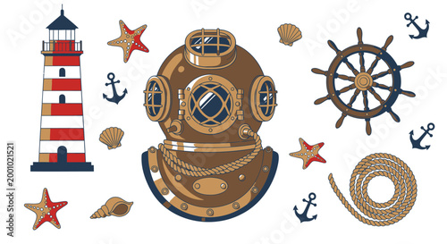 Nautical icons, vintage diving helmet, lighthouse, anchor, ship wheel, sea symbols, vector graphics