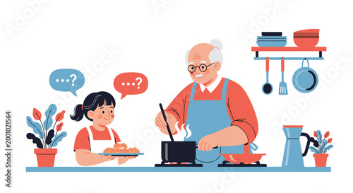 Elderly man with glasses cooking in a kitchen with a young girl holding a plate of food and speech bubbles with question marks.