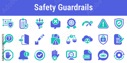 Focused icon set for prompt filtering policy enforcement injection defense and response review Suitable for AI safety dashboards moderation systems enterprise assistants and admin tools