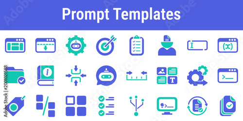 Focused icon set for reusable prompt templates variables examples and formatting rules Suitable for AI builders prompt libraries editors onboarding flows and automation products