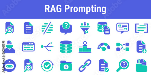 Commercial icon set for retrieval augmented prompts search ranking context windows and grounded responses Suitable for knowledge tools support systems AI search and enterprise assistants