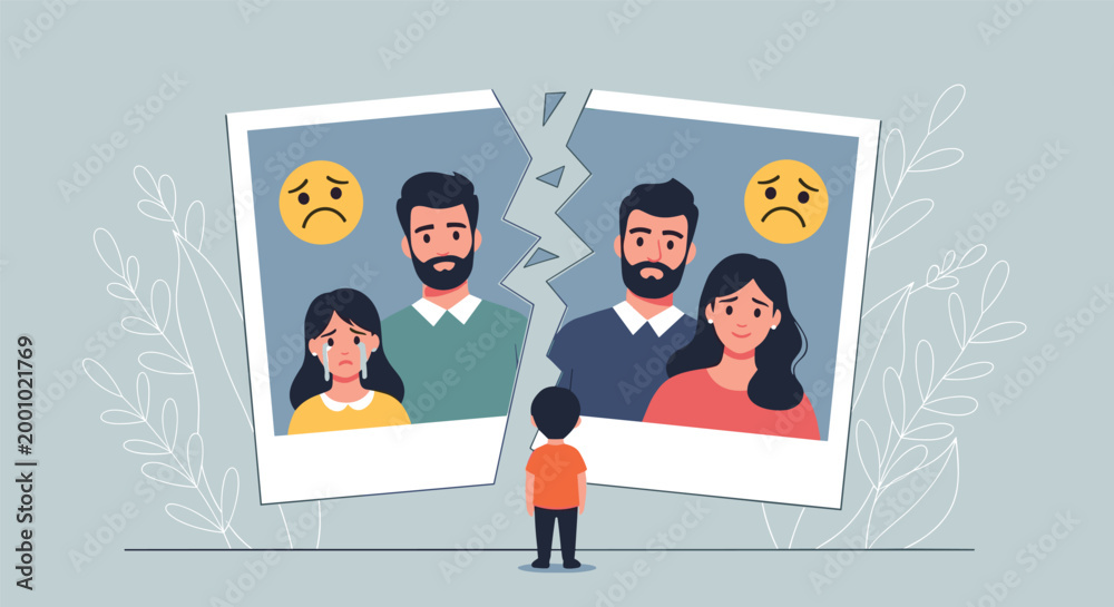 © Hubert - Sad little boy standing before a torn family photograph depicting a separated father and mother due to divorce. © Hubert - Sad little boy standing before a torn family photograph depicting a separated father and mother due to divorce.