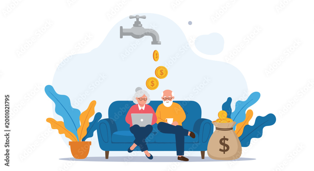 Fototapeta premium Happy retired couple sitting on a sofa while money falls from a tap into a bag representing pension and savings.