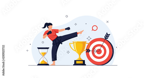 Female martial artist executing a powerful kick towards a bullseye target with a trophy and hourglass nearby.