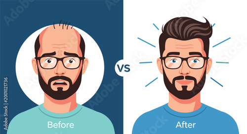 Transformation showing before and after hair transplant results for a man with a beard and glasses looking happy.